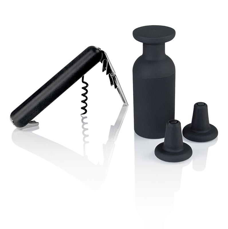 Set de vino Norm con cuchillo de camarero, bomba de vacio y 2 corchos, 14cm, o 5cm, aspecto carbono - 4 piezas - Cartulina