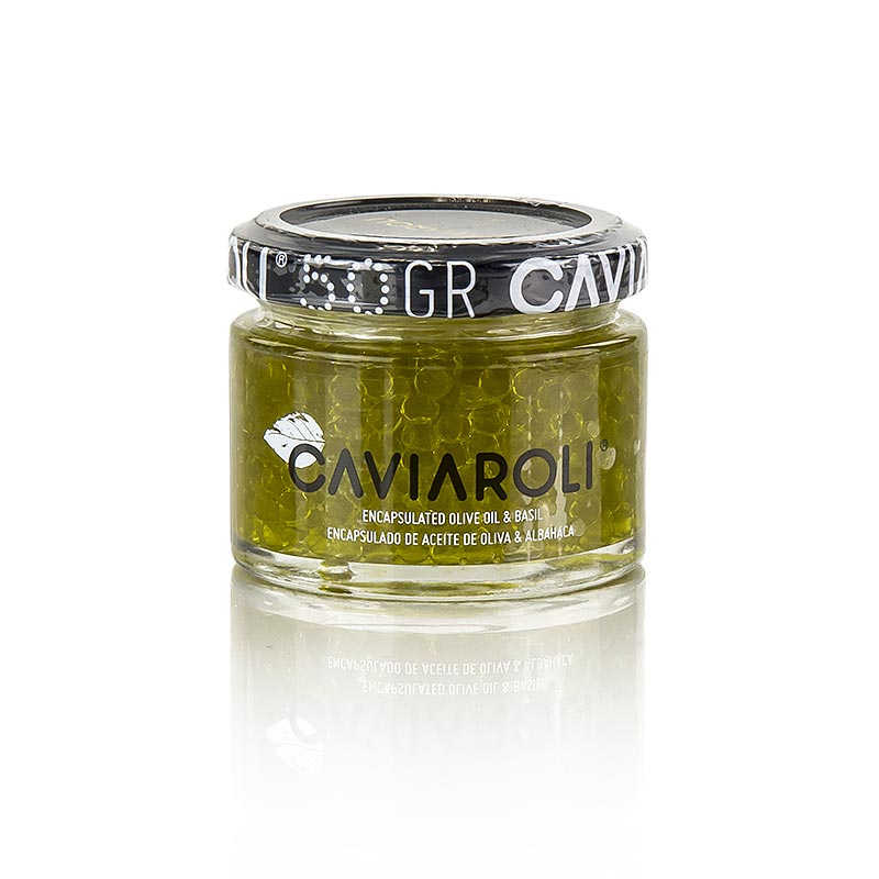 Caviaroli® caviar de azeite, pequenas perolas de azeite com manjericao, verde - 50g - Vidro