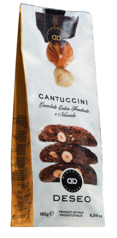 Cantuccini con nocciole e cioccolato, sacchetto, Cantuccini con avelan + chocolate negro, Deseo - 180g - bolsa