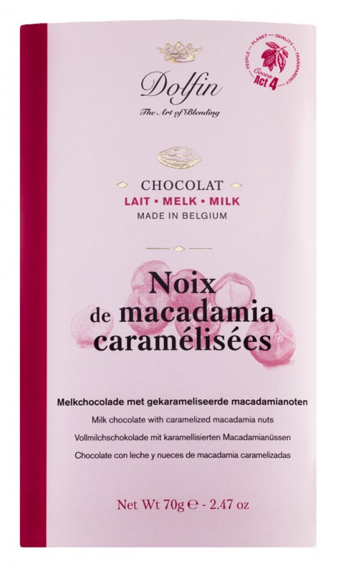 Tauleta, xocolata amb llet amb nous de macadamia caramel·litzada, Dolfin - 70 g - Peca