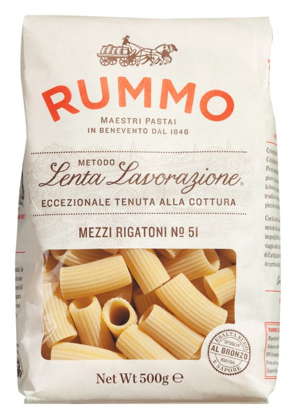 Mezzi rigatoni, Le Classiche, pasta de semola de blat dur, rummo - 500 g - Cartro