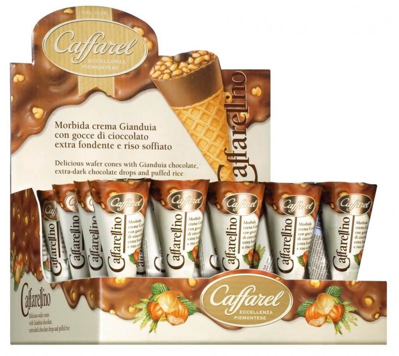 Caffarellino con crema gianduia, glassstrut fylld med gianduiakram, display, caffarel - 24 x 25 g - visa