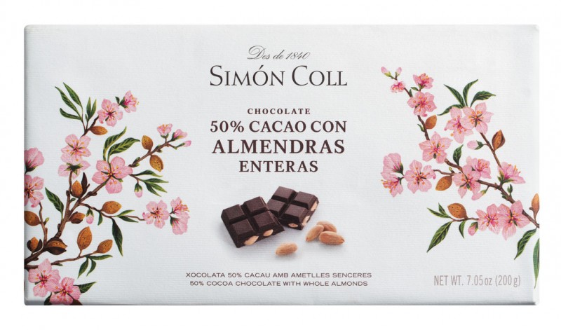 Chocolate 50% con almendras enteras, chocolate negro con almendras enteras 50%, Simon Coll - 200 gramos - Pedazo