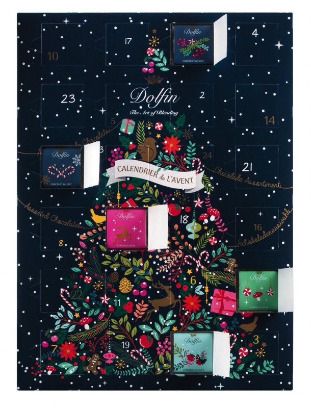 Calendrier de lavent, Calendario dell`Avvento con assortimento di cioccolato, Dolfin - 108 g - pacchetto