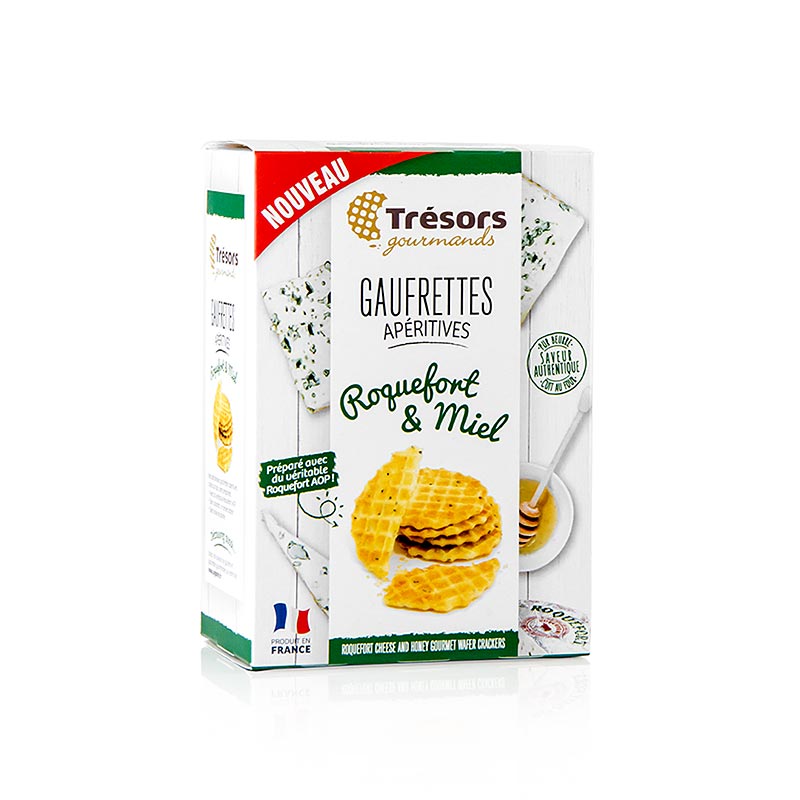 Barsnack Tresors - Gaufrettes, francese Mini waffle con formaggio Roquefort e miele - 60 g - scatola