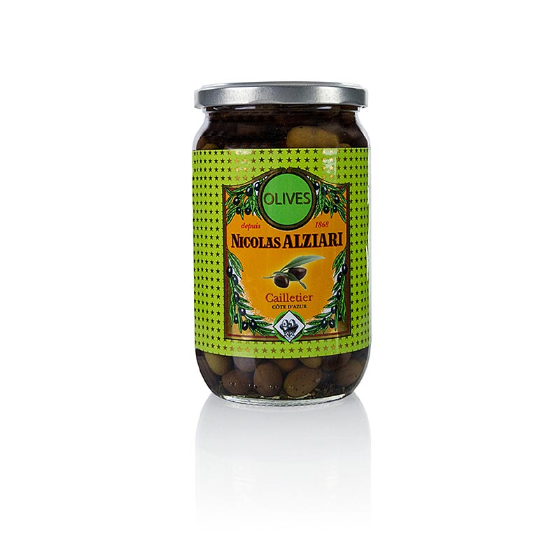 Mezcla de aceitunas, Cailletier verde y negra, con hueso, encurtidos, Alziari - 480g - Vaso