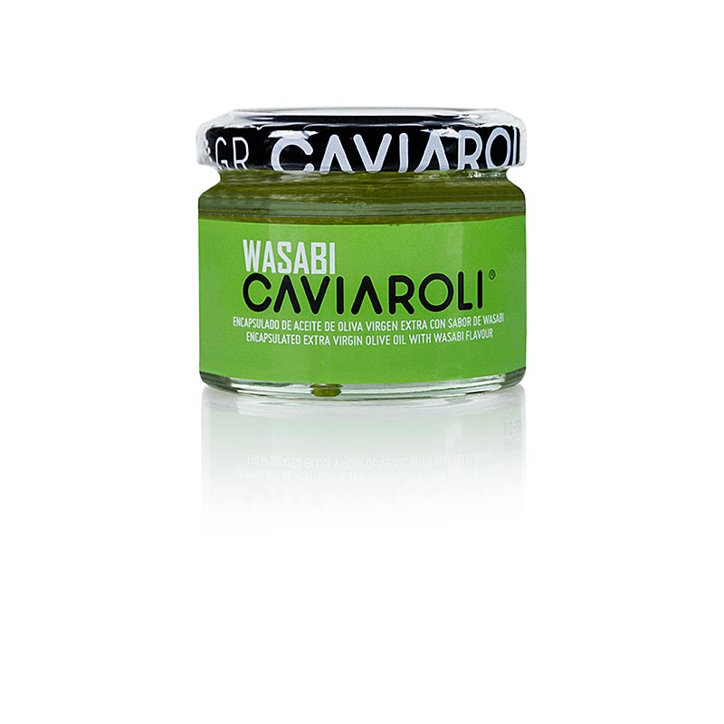 Caviaroli® de aceite de oliva, pequenas perlas elaboradas con aceite de oliva y wasabi - 50 gramos - Vaso