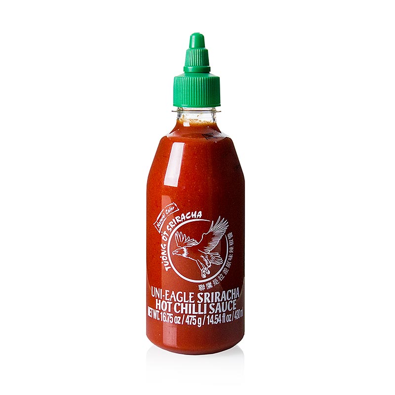 Chilisaus - Sriracha, krydret, med hvitloek, klemflaske, Uni-Eagle - 430 ml - PE flaske