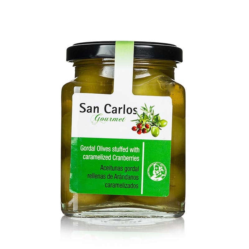 Olives Gordal verdes, sense pinyol, amb nabius caramel·litzats, San Carlos - 300 g - Vidre