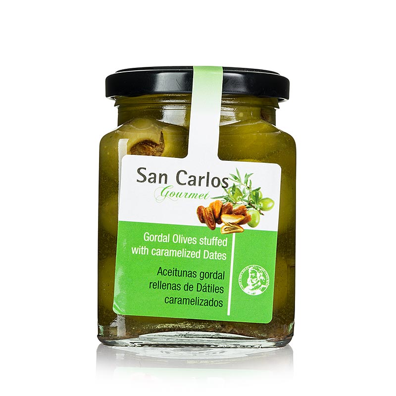 Olives Gordal verdes, sense pinyol, amb datils caramel·litzats, San Carlos - 300 g - Vidre