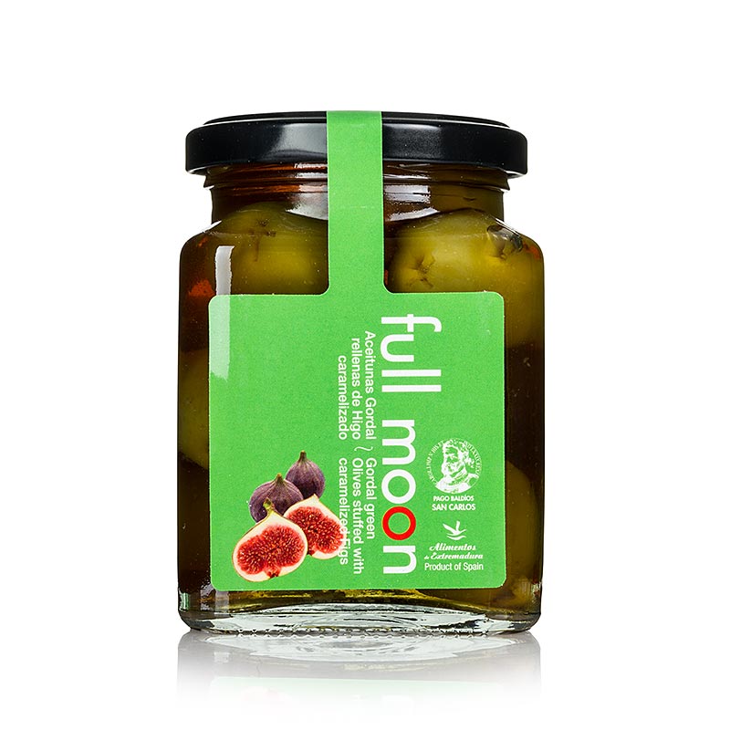 Olives Gordal verdes, sense pinyol, amb figues caramel·litzades, San Carlos - 300 g - Vidre