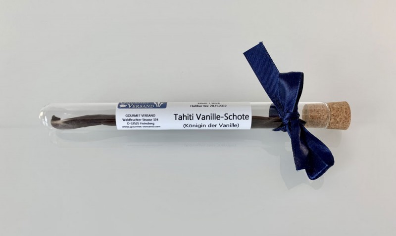 Tahiti vanilla pod, ratu vanilla, 1 pod dalam tabung reaksi dengan busur - 1 buah / sekitar 6 gram - Dalam tabung reaksi dengan lingkaran