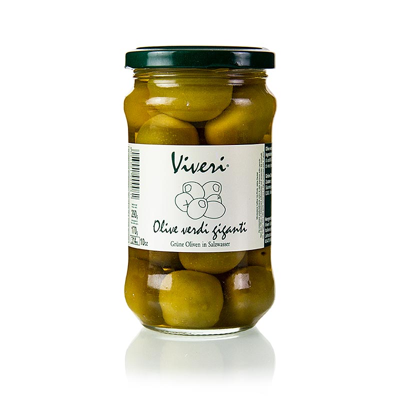 Olive verdi, con nocciolo, Gigante, nel Lago, Viveri - 290 g - Bicchiere