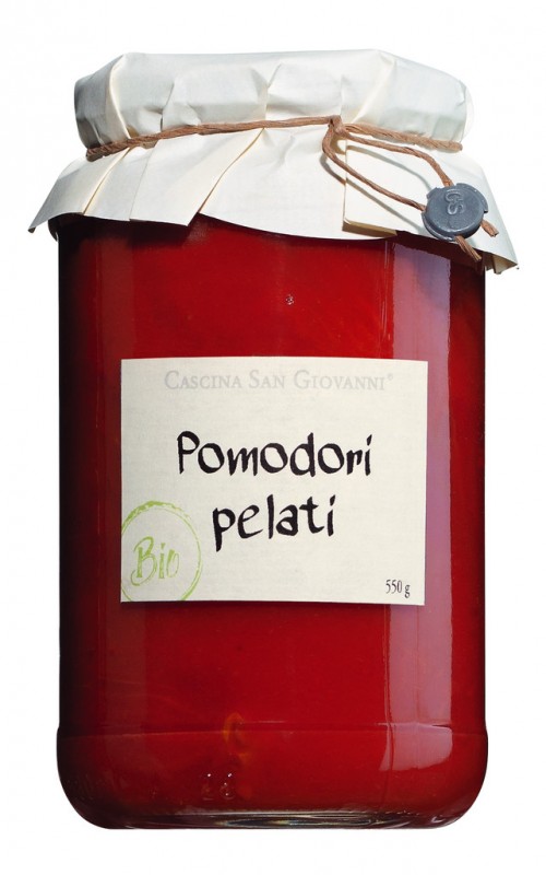 Pomodori pelati, luomu, kokonaiset, kuoritut tomaatit, luomu, Cascina San Giovanni - 550g - Lasi