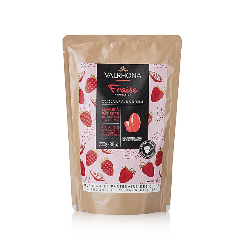 Valrhona Inspiration Jordbaer, jordbaerspesialitet med kakaosmoer, callets - 250 g - bag