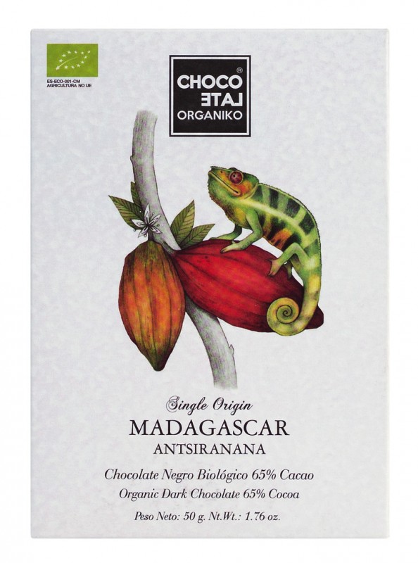 Origen Madagascar, 65% cacao, organico, chocolate negro 65%, chocolate organico - 50 gramos - Pedazo