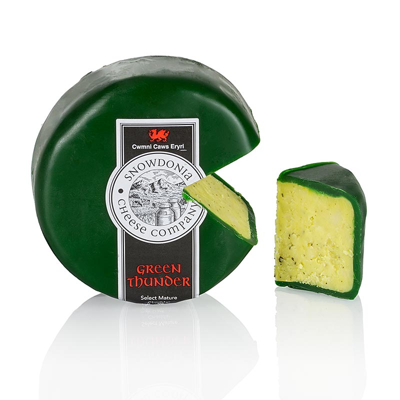 Snowdonia - Green Thunder, Cheddar ost med hvitloek og urter, groenn voks - 200 g - Papir