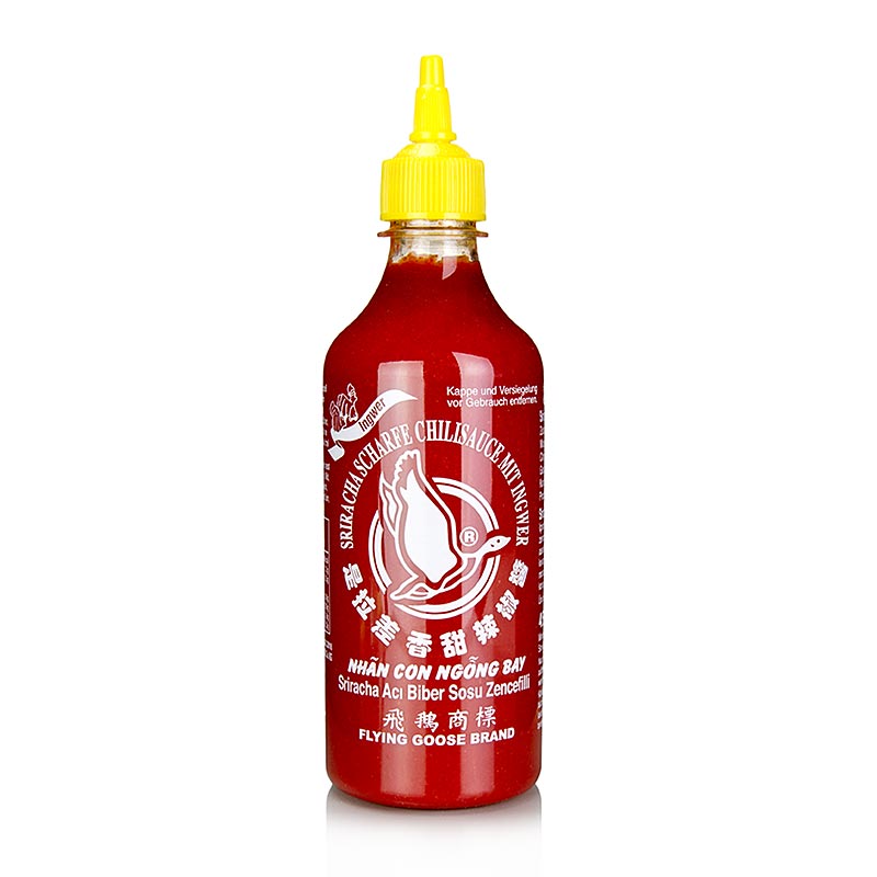 Salsa de chile: Sriracha, picante, con jengibre, botella exprimible, ganso volador - 455ml - botella de PE