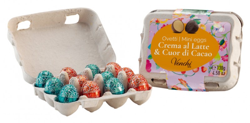 Confezione cartone mini uova medie, 12 uova di Pasqua ripiene di cacao e crema al latte, Venchi - 8x130 g - Schermo