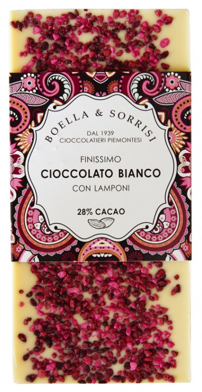 Cioccolato bianco amb croccante al gust lampone, xocolata blanca amb cruixent de gerds, boella + sorrisi - 100 g - Peca