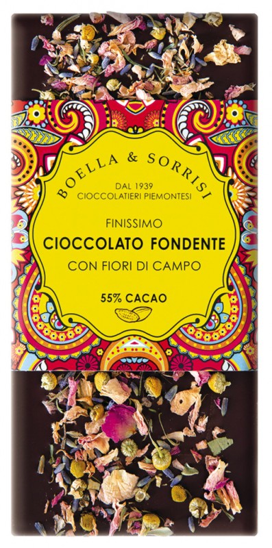 Cioccolato fondente fiori di campo, mork choklad med blommor, Boella + Sorrisi - 100 g - Bit