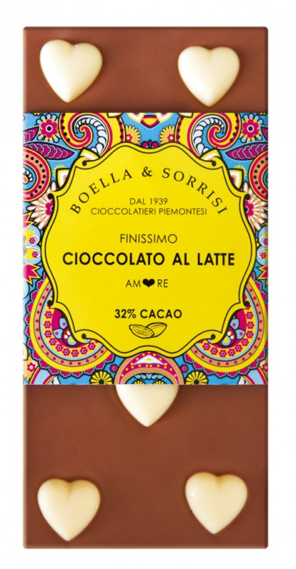 Cioccolato al latte Amore, chocolate con leche con corazones blancos, Boella + Sorrisi - 100 gramos - Pedazo