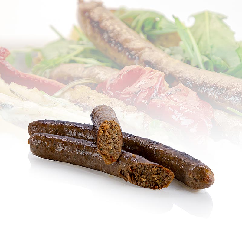 Merguez di manzo al pascolo e Moorschnucke, bratwurst alla griglia, crudo, calibro - 300 g, 6 x 50 g - vuoto