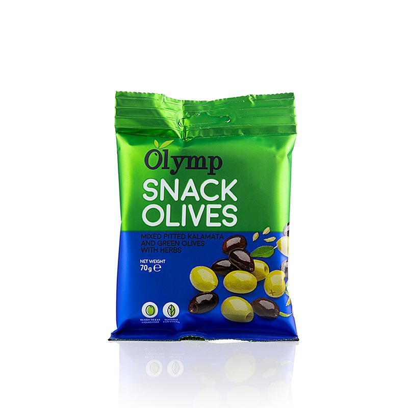 Snack oliver, kalamata och grona oliver, urkarnade, med orter - 70 g - vaska