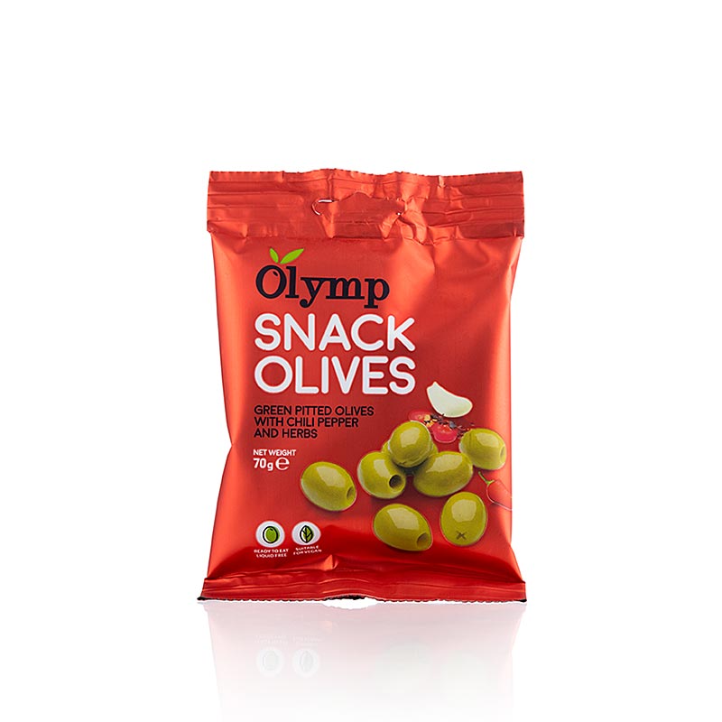 Olive Snack, olive verdi, denocciolate, con peperoncino ed erbe aromatiche - 70 g - borsa