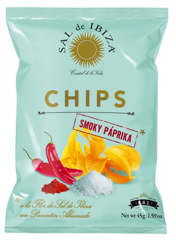 Chips de paprica defumada, batata frita com paprica defumada, Sal de Ibiza - 45g - Pedaco