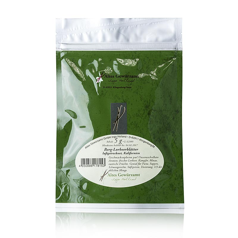 Feuilles de laurier des montagnes, sechees a l`air, Altes Gewurzamt, Ingo Holland - 5 g - sachet d`aromes