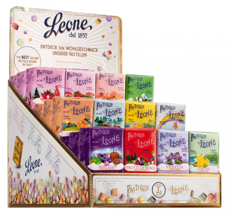 Espositore assortimento dedicato Viani, dulces de frutas, ordenados en exhibicion, Leona - 36x30g - mostrar