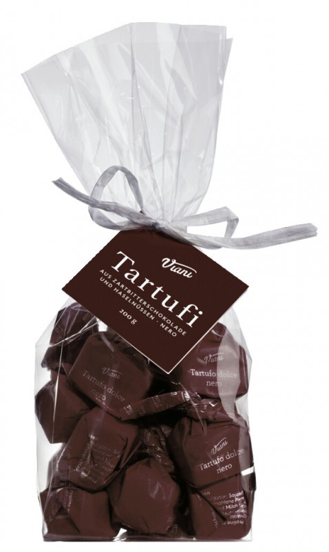 Tartufi dolci neri - klassisk utgave, brun, praline laget av moerk sjokolade med hasselnoetter, Viani - 200 g - bag