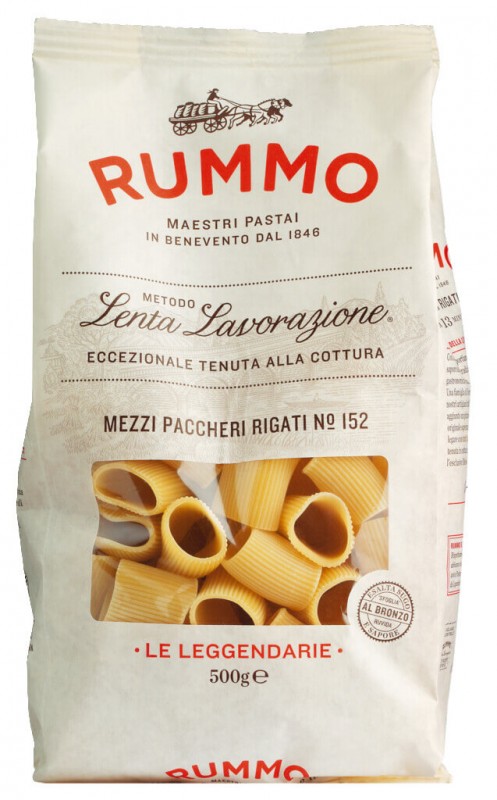 Mezzi paccheri rigati, Le Leggendarie, durumvehnamannapasta, rummo - 500g - pakkaus