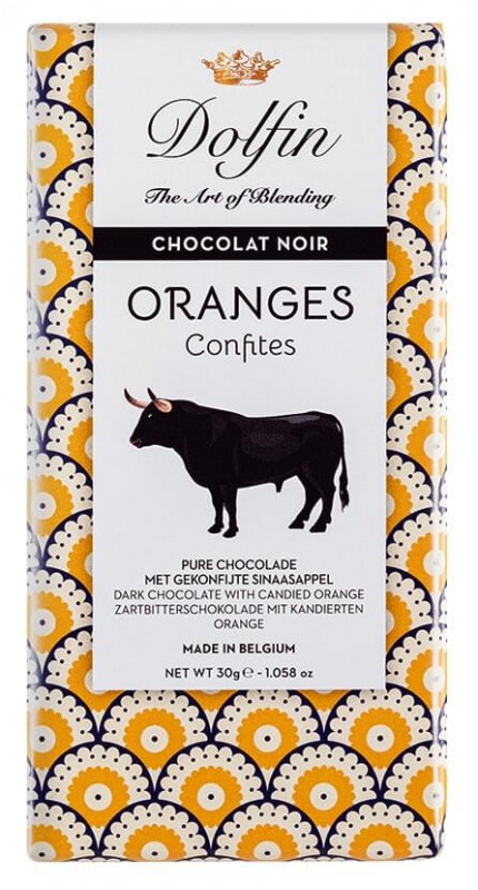 Chocolat noir aux oranges confites, chocolate amargo com laranja cristalizada, Dolfin - 30g - Pedaco