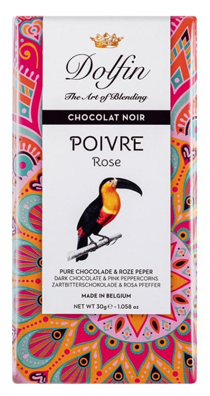 Chocolat noir au poivre rose, cioccolato fondente al pepe rosa, Dolfin - 30 g - Pezzo