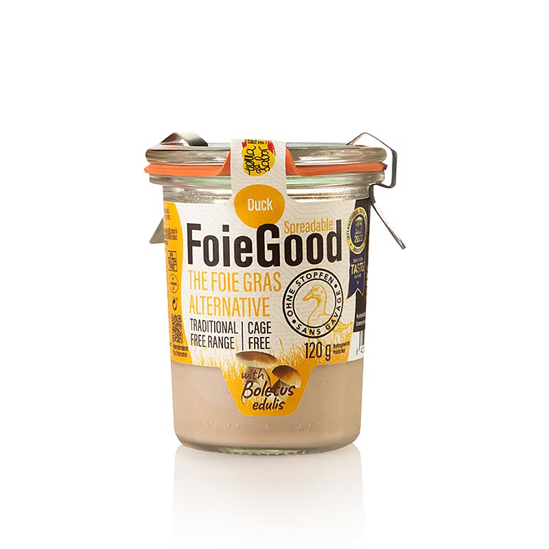 Andeleverpostei/palegg, med piggsopp, FoieGood (uten propp) - 120 g - Glass