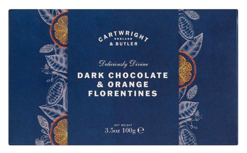 Florentinos de chocolate amargo e laranja, Talers de chocolate com laranja, Cartwright e Butler - 100g - pacote