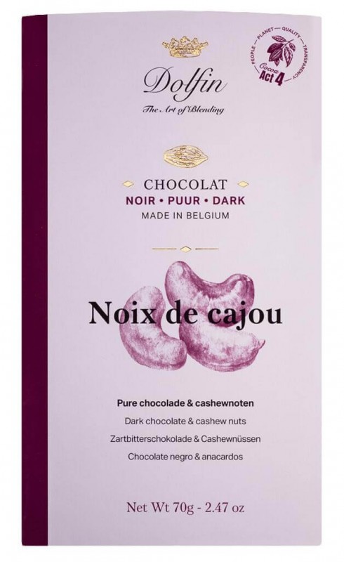 Tablete, noir aux noix de cajou, cokollate e zeze me shqeme, Dolfin - 70 gr - Pjese