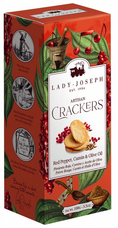 Crackers al peperoncino, cumino e olio d`oliva, biscotti al peperoncino, cumino e olio d`oliva, Lady Joseph - 100 grammi - pacchetto