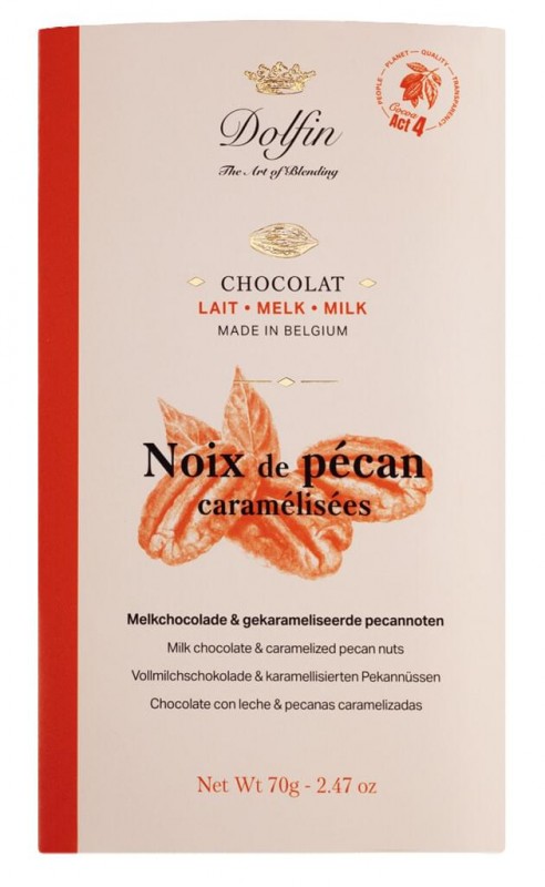 Tabletti, lait noix de pecan caramelisees, maitosuklaa karamellisoidut pekaanipahkinat, Dolfin - 70 g - Pala