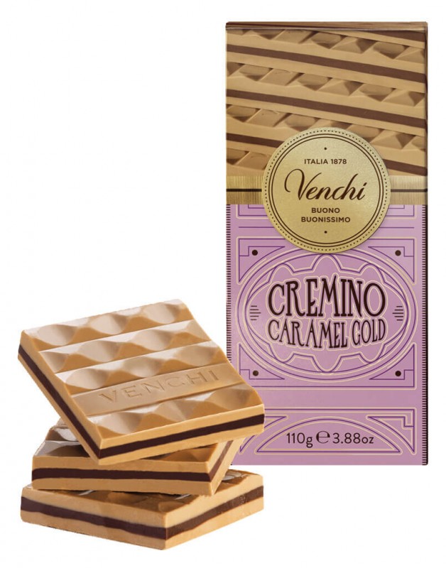 Barra Gold Caramel Cremino, camadas de chocolate com amendoa e caramelo, Venchi - 110g - Pedaco