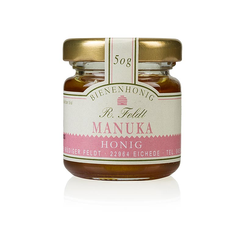 Miod Manuka (z drzewa herbacianego), Nowa Zelandia, ciemny, plynny, mocny, porcja szklana pszczelarska Feldt - 50g - Szklo