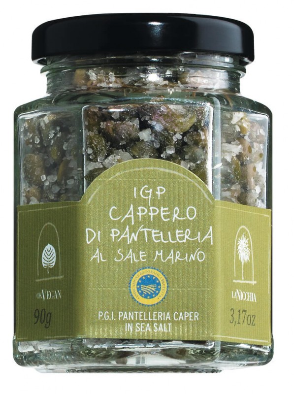 Capperi di Pantelleria IGP al sale marino, kapre iz Pantelleria ZGO v morski soli, 4 / 7 mm, La Nicchia - 90 g - Steklo