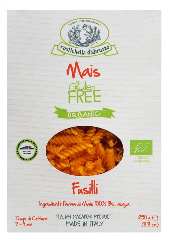 Fusilli di mais senza glutine, organice, paste din faina de porumb, fara gluten, bio, Rustichella - 250 g - ambalaj