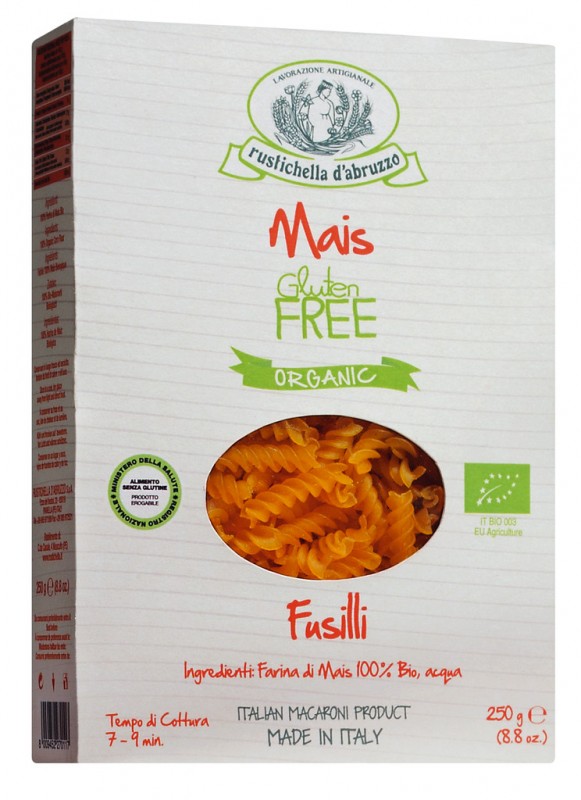 Fusilli di mais senza glutine, organice, paste din faina de porumb, fara gluten, bio, Rustichella - 250 g - ambalaj