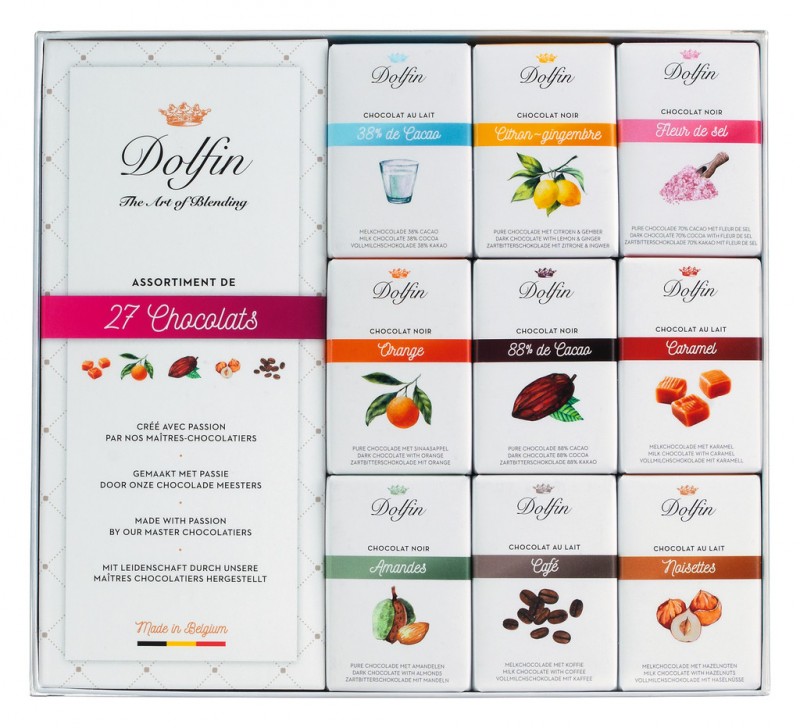 27 Sortimentov minitabletiek Chocolats, darcekova krabicka, minitablety radu (27 x 10 g), Dolfin - 270 g - balenie