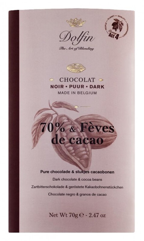 Tabletta, fekete, 70% aux eclats de feves de cacao, etcsokolade porkolt kakaoszeletekkel, Dolfin - 70g - tabla