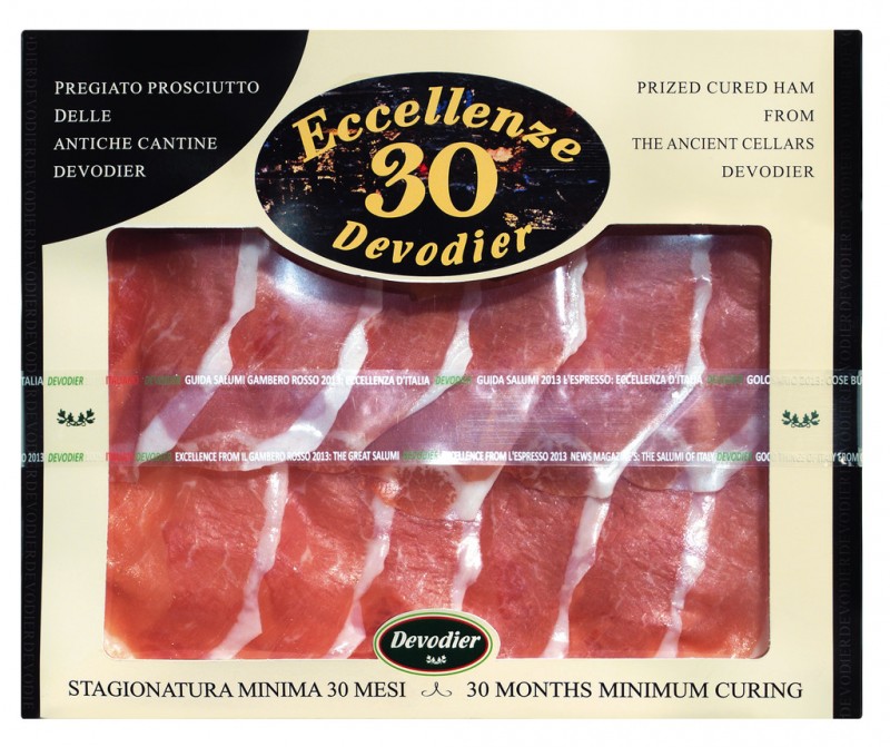 Prosciutto Crudo Vaschetta 30 mesi, syrova sunka 30 mesicu, nakrajene na platky, vakuove uzavrene, Devodier - 80 g - balicek