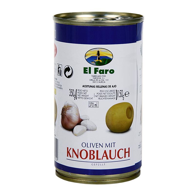 Olives vertes denoyautees, a la pate d`ail, en saumure, El Faro - 350g - peut